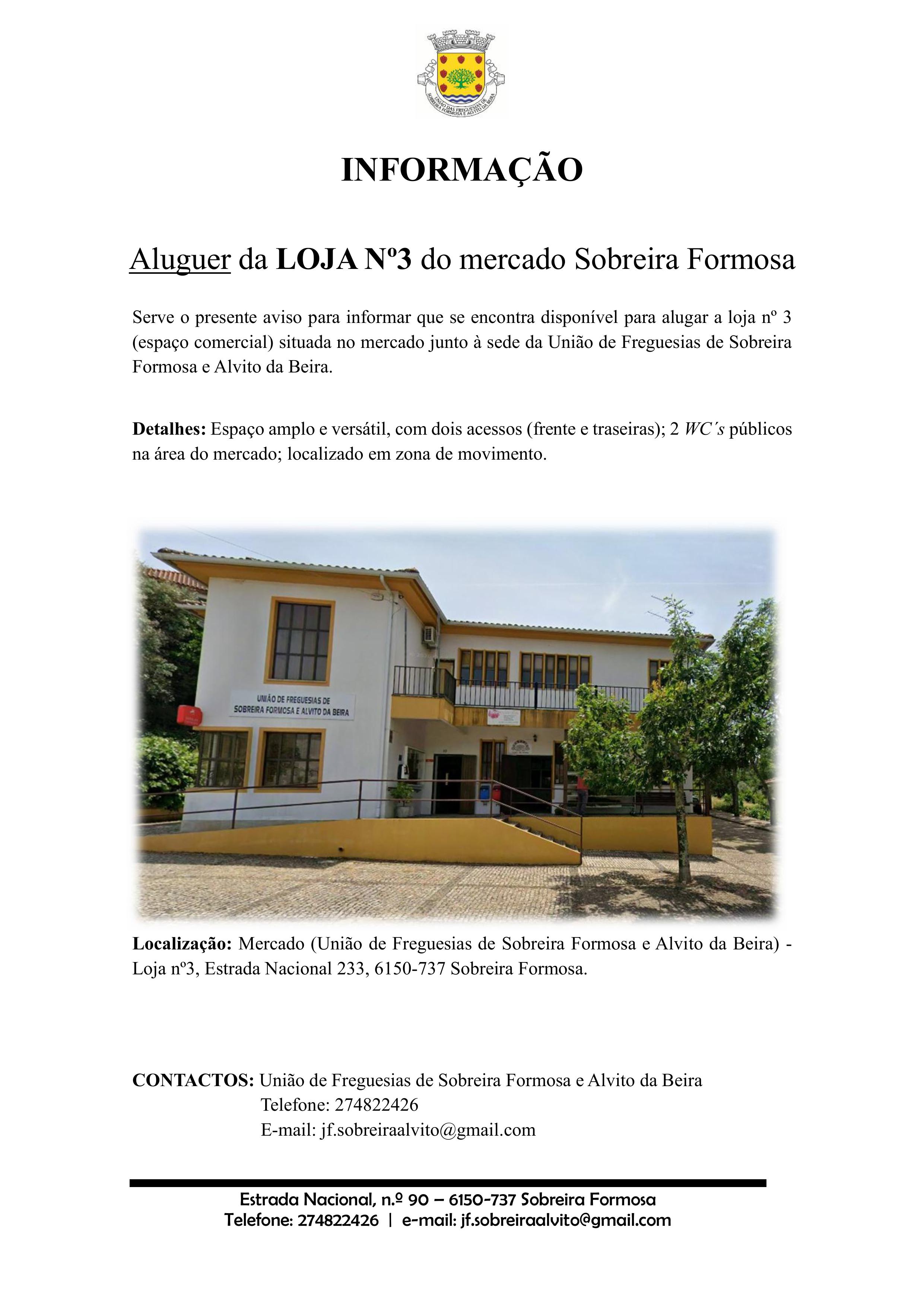 Notícia Aluguer da LOJA Nº3 do mercado Sobreira Formosa